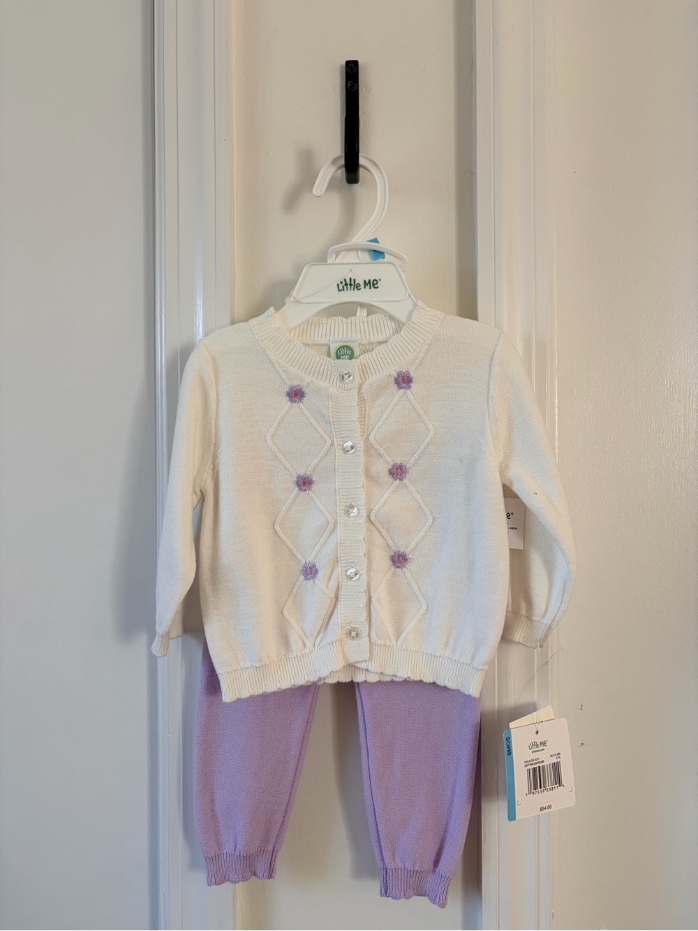 Little Me Ivory Cardigan with Purple Pants